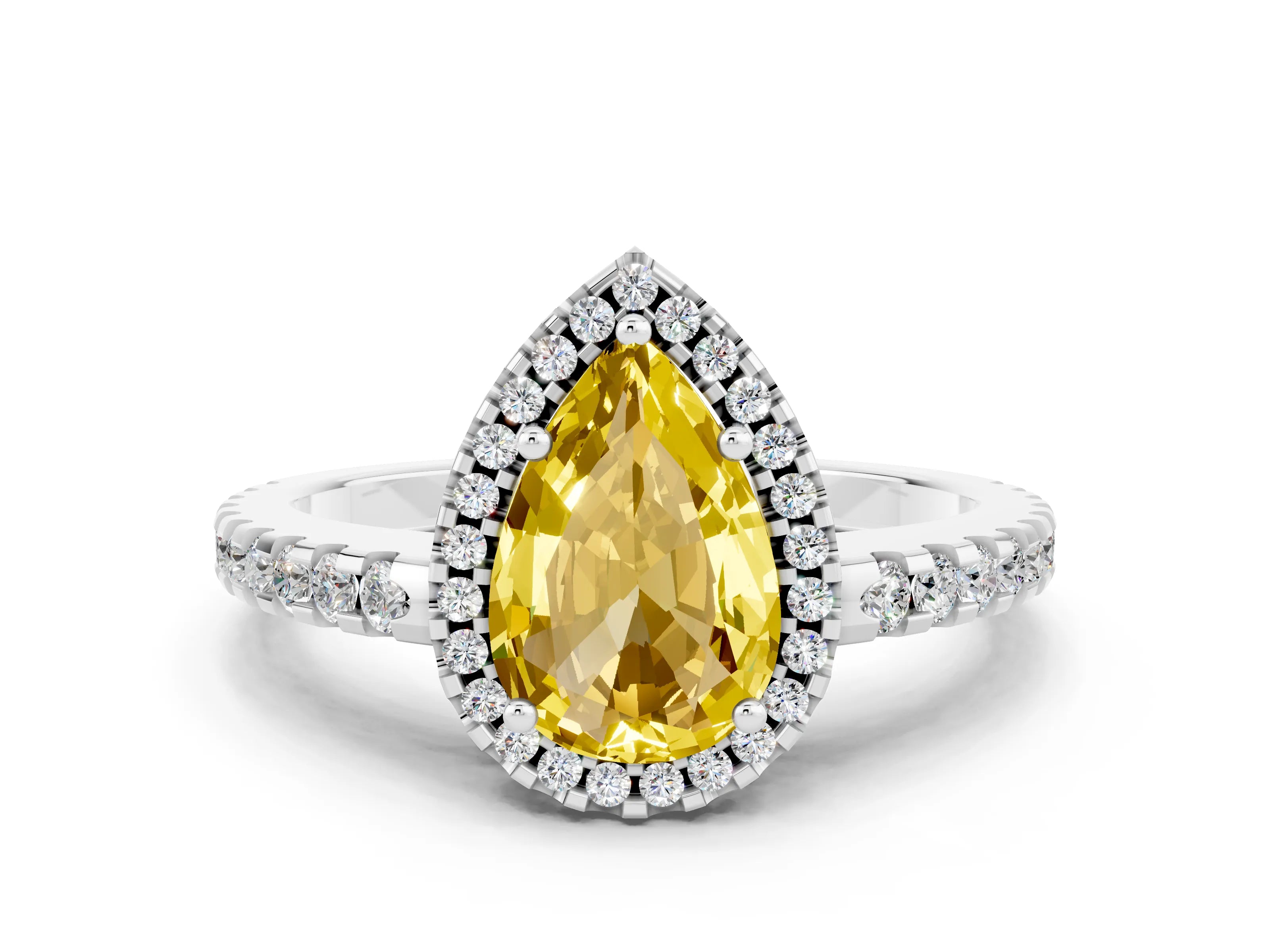 White gold Pear Cut Yellow Sapphire Halo Engagement Ring with Pavé Band and Prong Setting_12