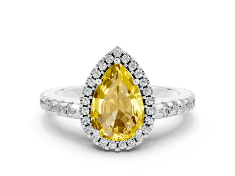 White gold Pear Cut Yellow Sapphire Halo Engagement Ring with Pavé Band and Prong Setting_12