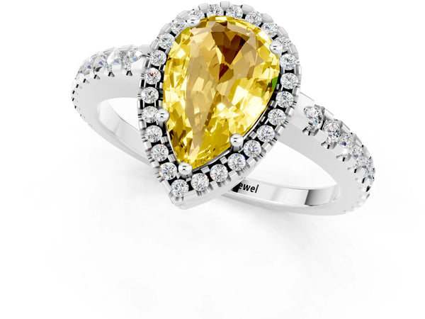 White gold Pear Cut Yellow Sapphire Halo Engagement Ring with Pavé Band and Prong Setting