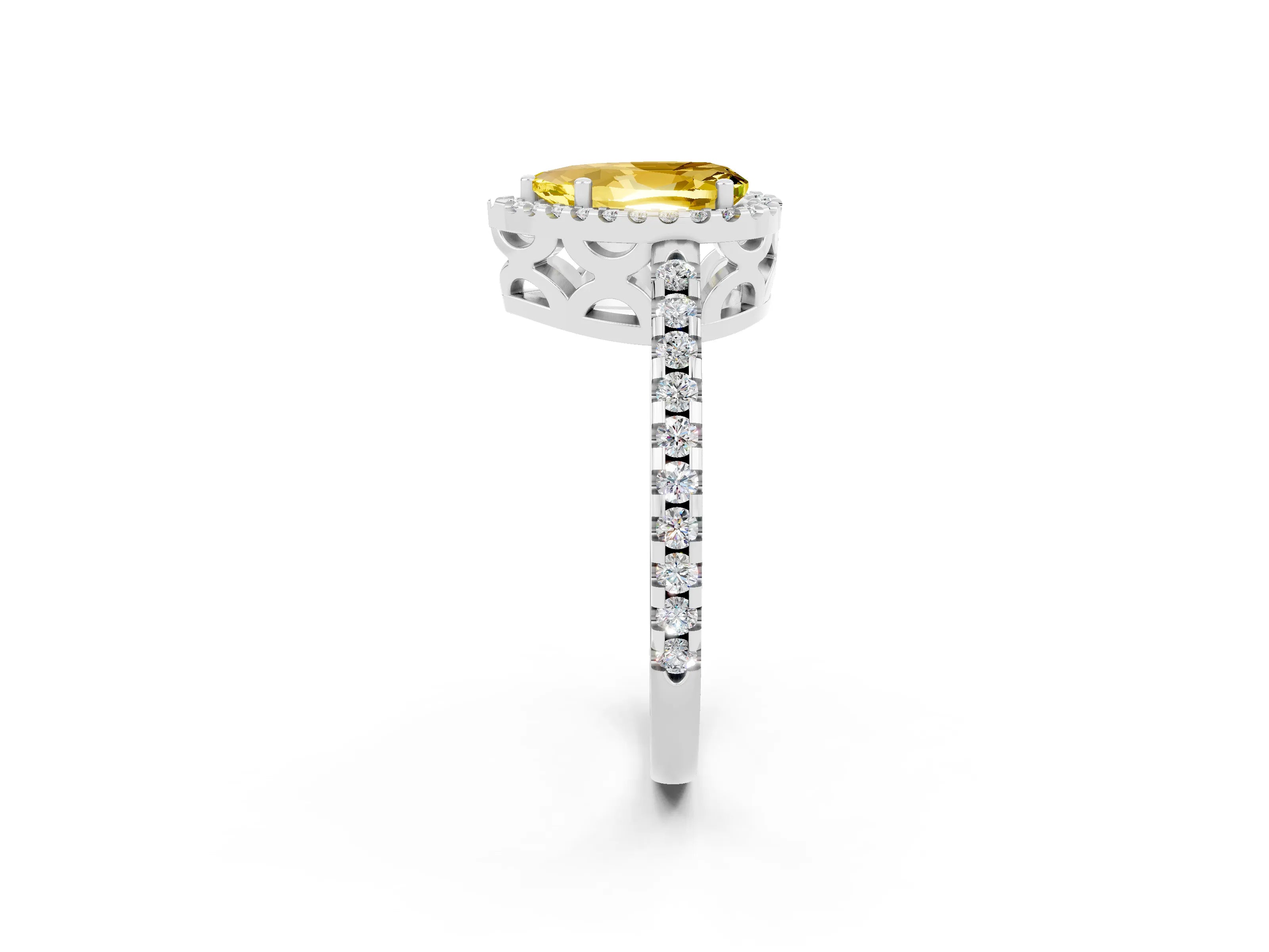 White gold Pear Cut Yellow Sapphire Halo Engagement Ring with Pavé Band and Prong Setting_14