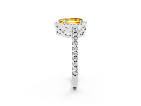 Silver Pear Cut Yellow Sapphire Halo Engagement Ring with Pavé Band and Prong Setting
