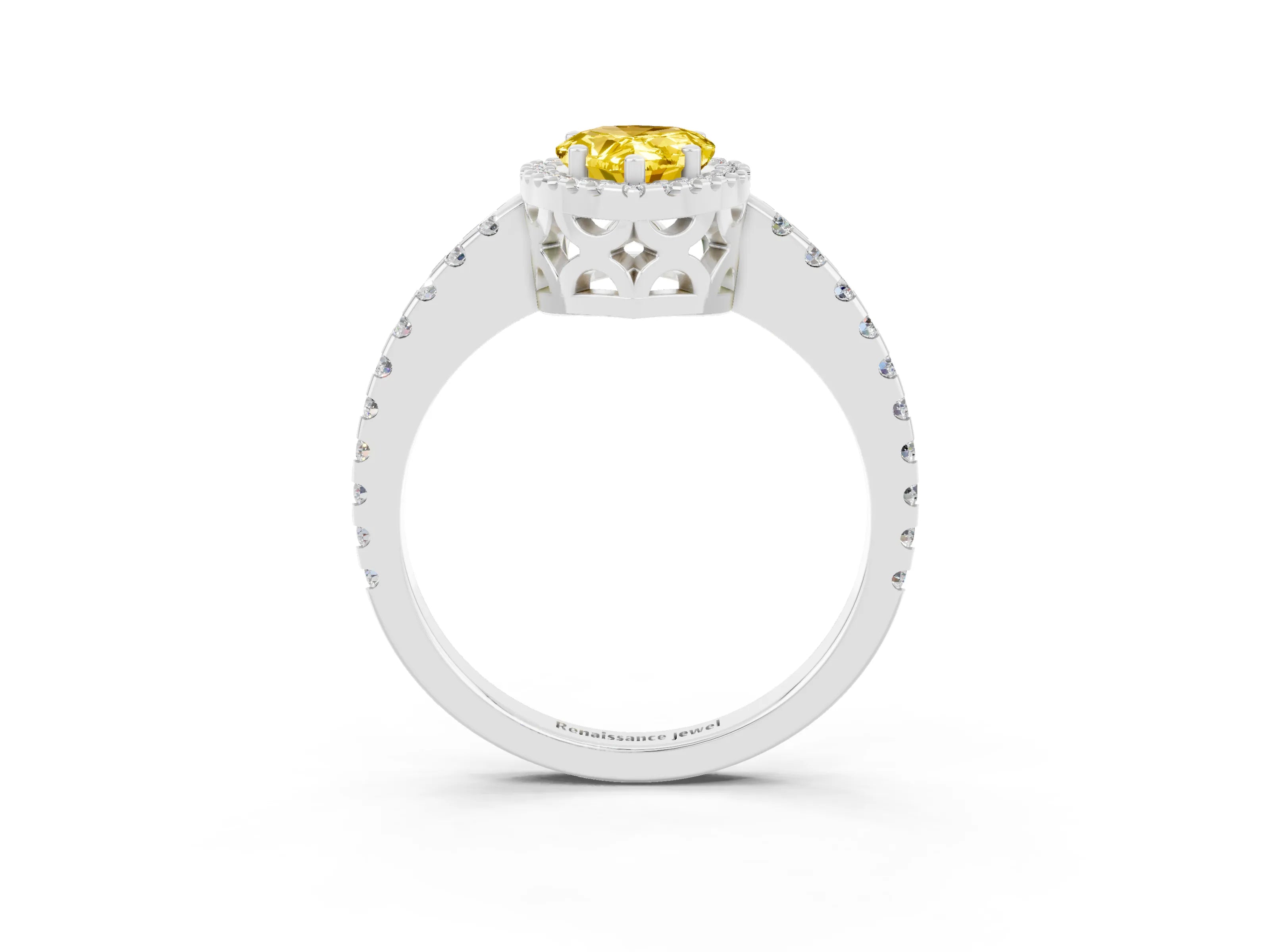 White gold Pear Cut Yellow Sapphire Halo Engagement Ring with Pavé Band and Prong Setting_15