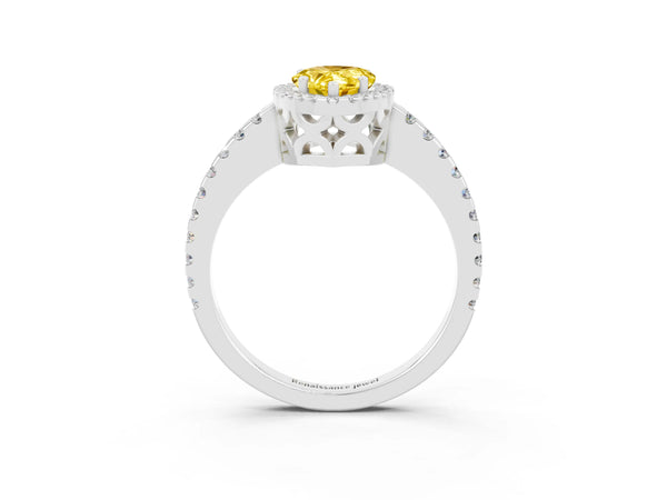 White gold Pear Cut Yellow Sapphire Halo Engagement Ring with Pavé Band and Prong Setting