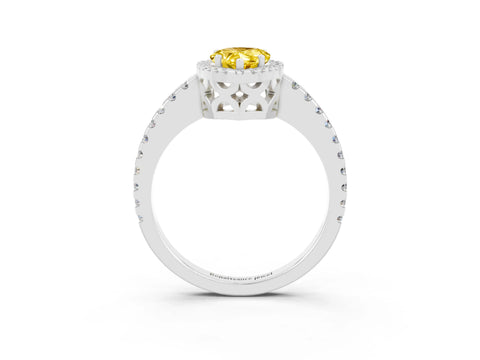 White gold Pear Cut Yellow Sapphire Halo Engagement Ring with Pavé Band and Prong Setting_15