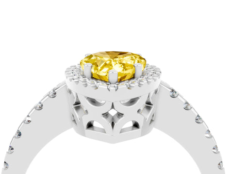 White gold Pear Cut Yellow Sapphire Halo Engagement Ring with Pavé Band and Prong Setting_16