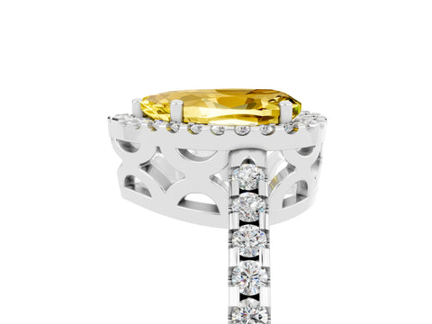 White gold Pear Cut Yellow Sapphire Halo Engagement Ring with Pavé Band and Prong Setting_17