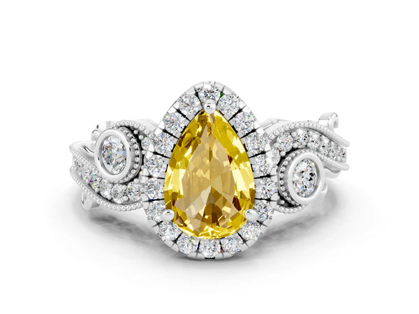 Platinum Pear Cut Yellow Sapphire Halo Ring with Milgrain Pavé Band and Four-Prong Setting