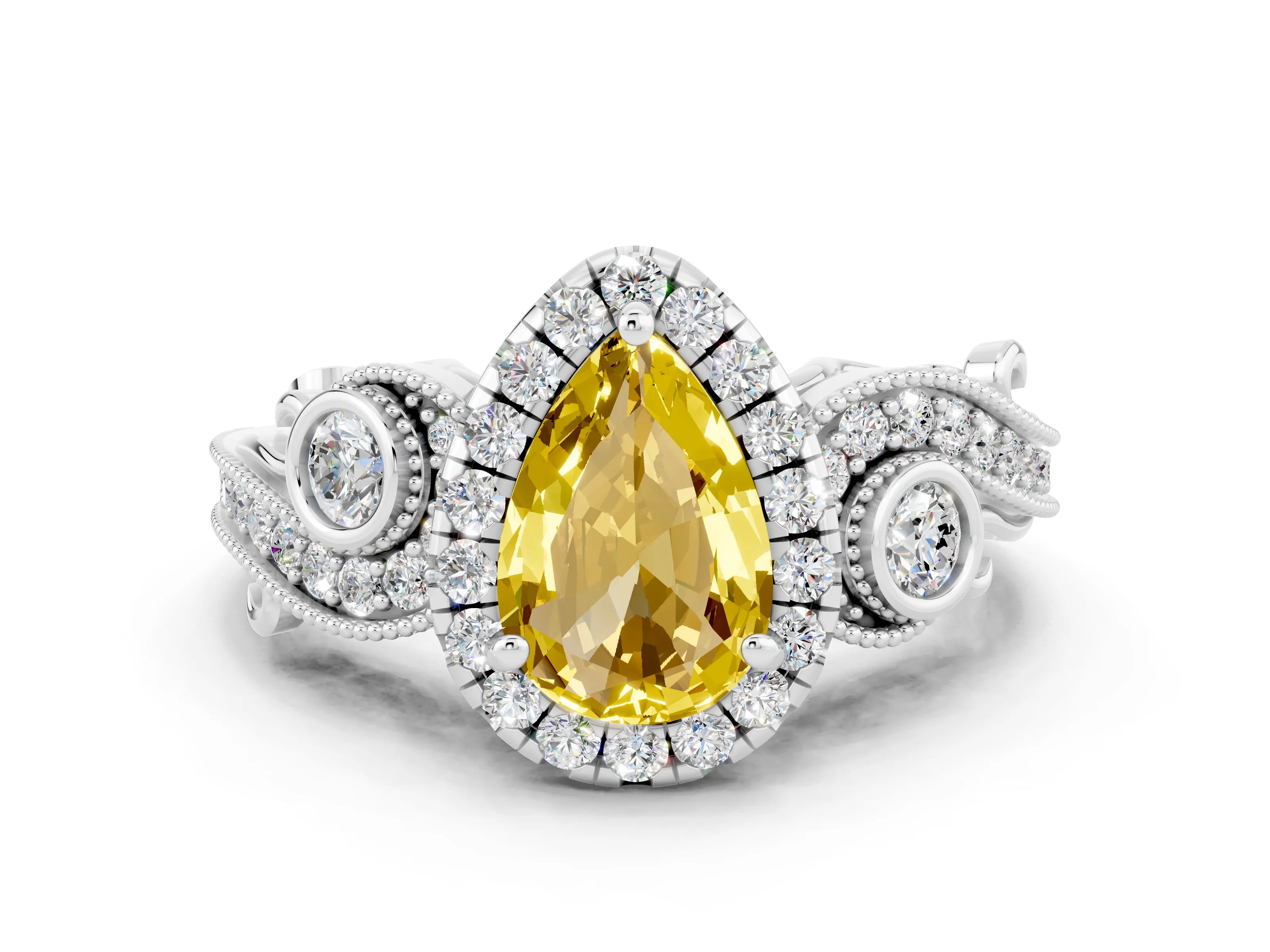 White gold Pear Cut Yellow Sapphire Halo Ring with Milgrain Pavé Band and Four-Prong Setting_12