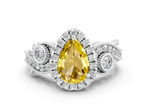 White gold Pear Cut Yellow Sapphire Halo Ring with Milgrain Pavé Band and Four-Prong Setting_12