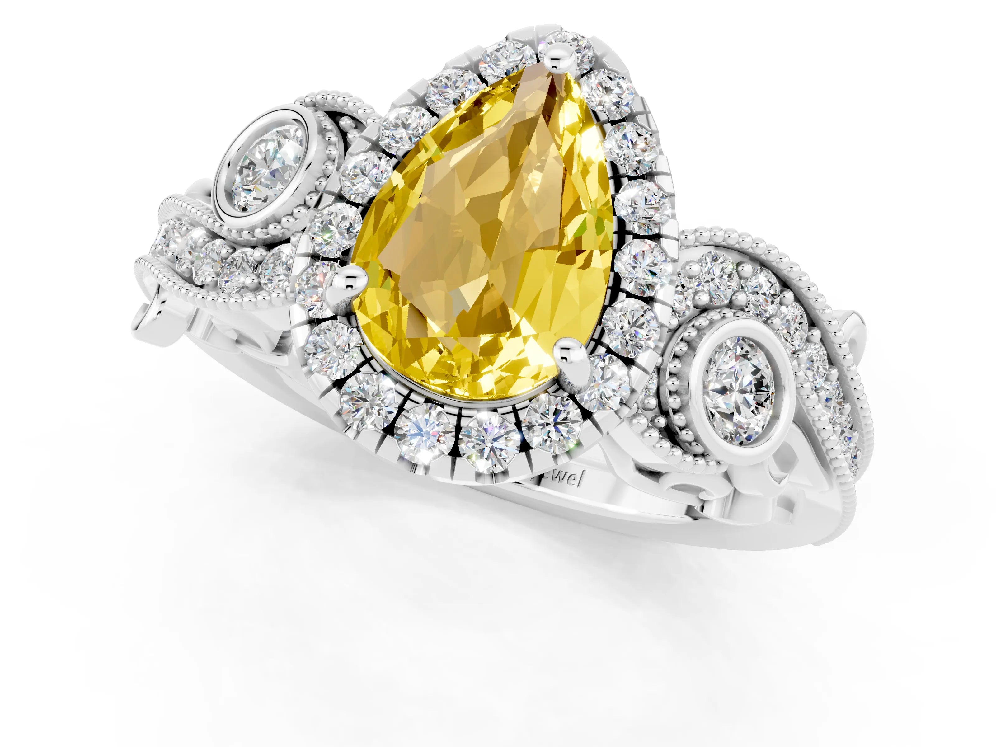 White gold Pear Cut Yellow Sapphire Halo Ring with Milgrain Pavé Band and Four-Prong Setting_13