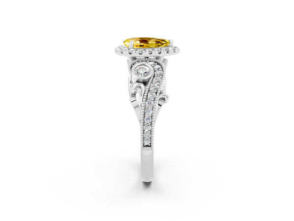 Platinum Pear Cut Yellow Sapphire Halo Ring with Milgrain Pavé Band and Four-Prong Setting