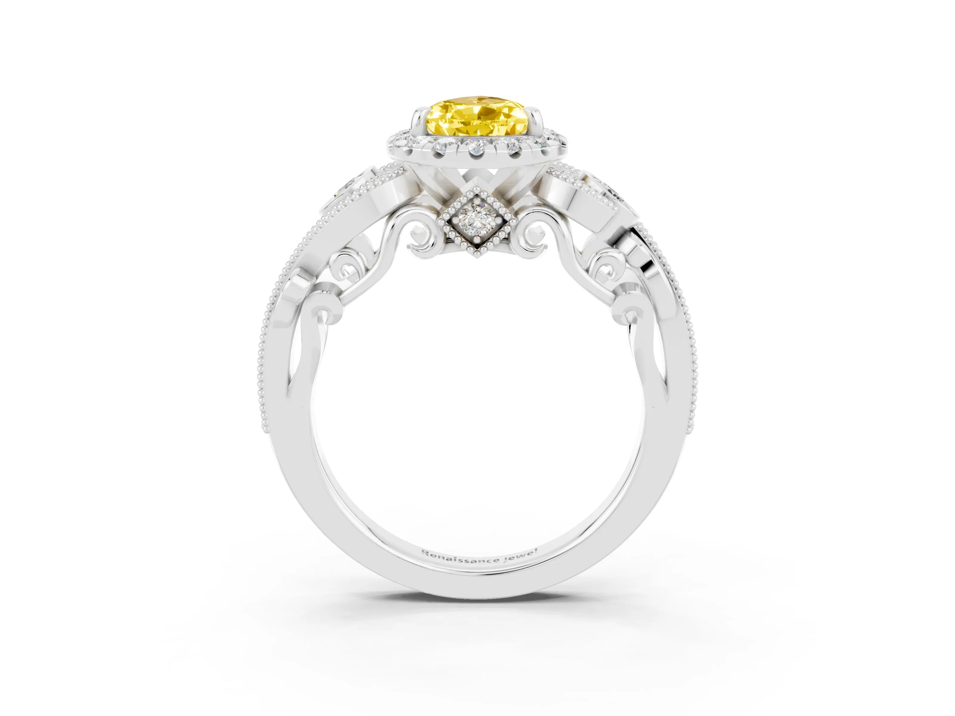 White gold Pear Cut Yellow Sapphire Halo Ring with Milgrain Pavé Band and Four-Prong Setting_15