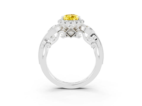 White gold Pear Cut Yellow Sapphire Halo Ring with Milgrain Pavé Band and Four-Prong Setting_15