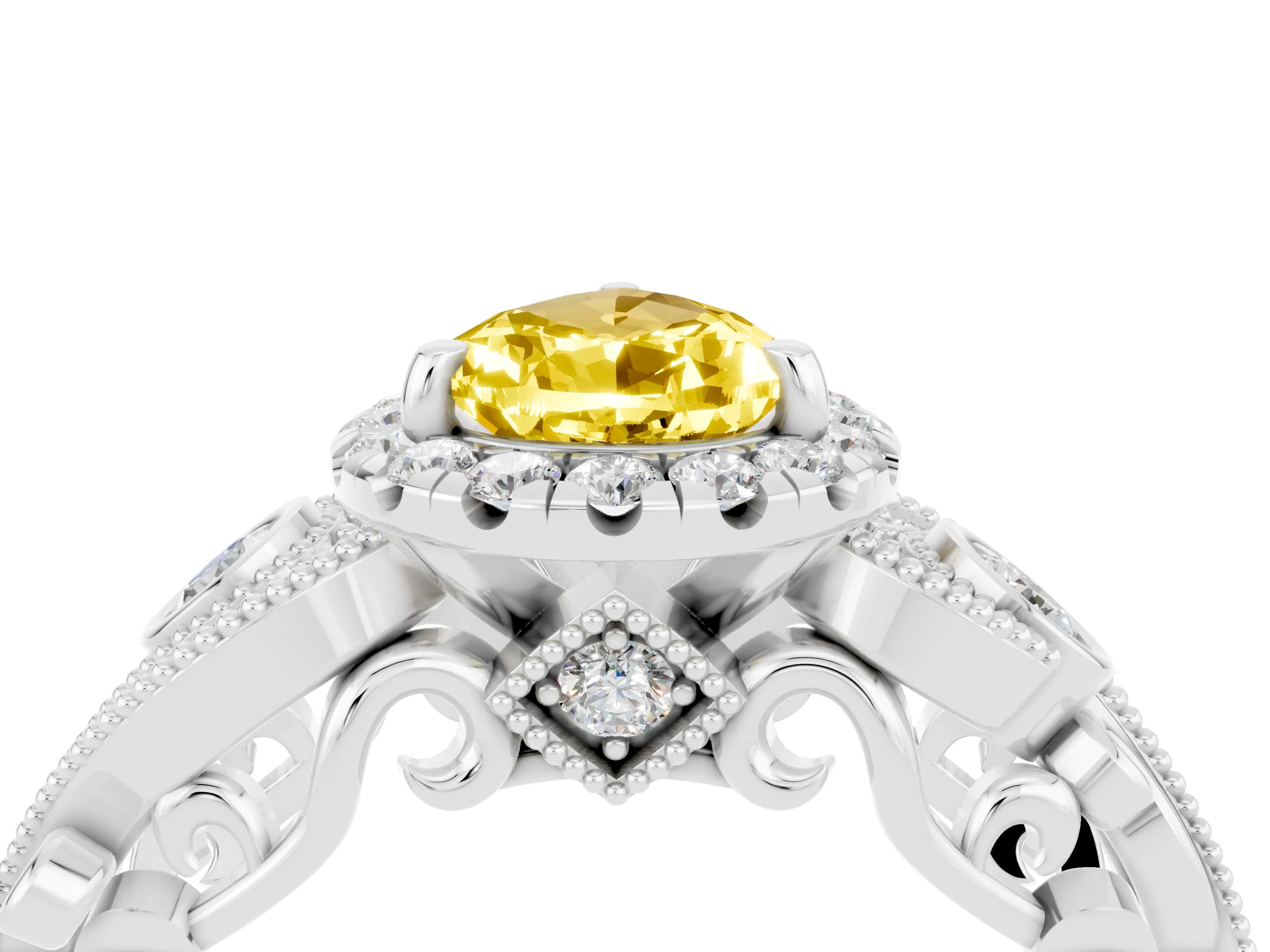 White gold Pear Cut Yellow Sapphire Halo Ring with Milgrain Pavé Band and Four-Prong Setting_16