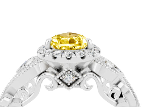 White gold Pear Cut Yellow Sapphire Halo Ring with Milgrain Pavé Band and Four-Prong Setting_16
