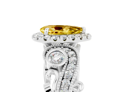 White gold Pear Cut Yellow Sapphire Halo Ring with Milgrain Pavé Band and Four-Prong Setting_17