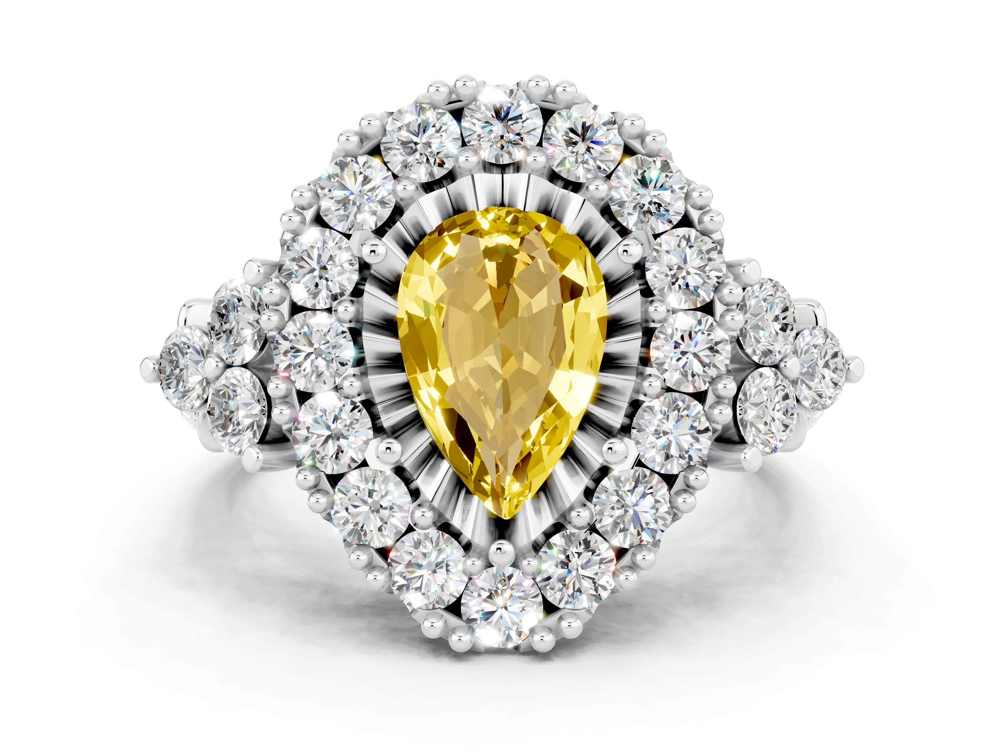 White gold Pear Cut Yellow Sapphire Halo Ring with Pavé Band and Four-Prong Setting_12