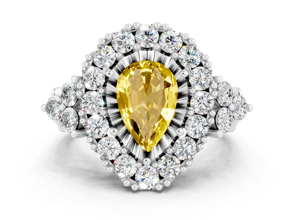 Silver Pear Cut Yellow Sapphire Halo Ring with Pavé Band and Four-Prong Setting