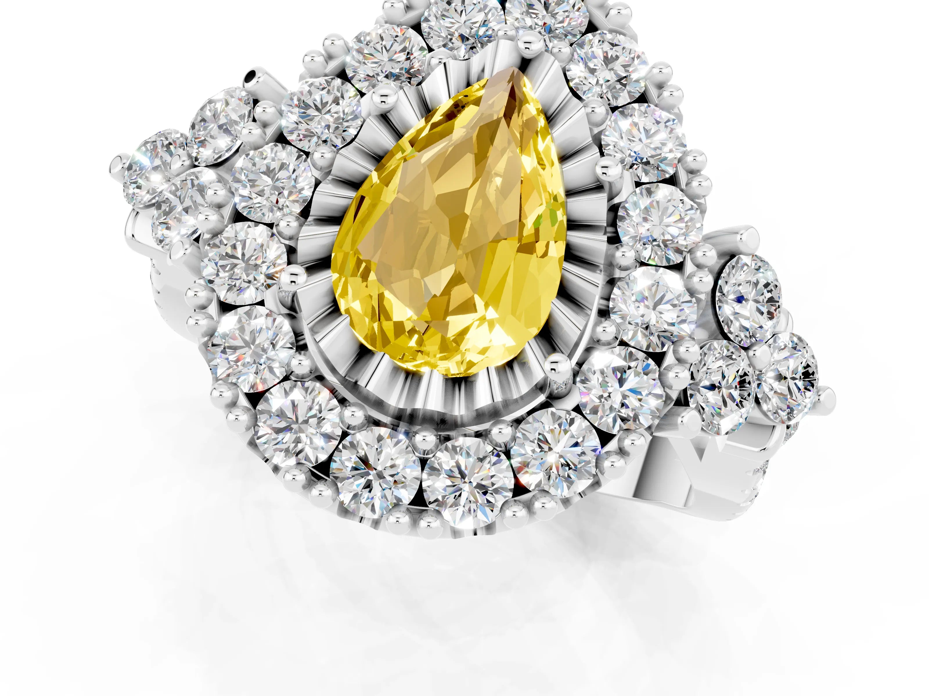 White gold Pear Cut Yellow Sapphire Halo Ring with Pavé Band and Four-Prong Setting_13