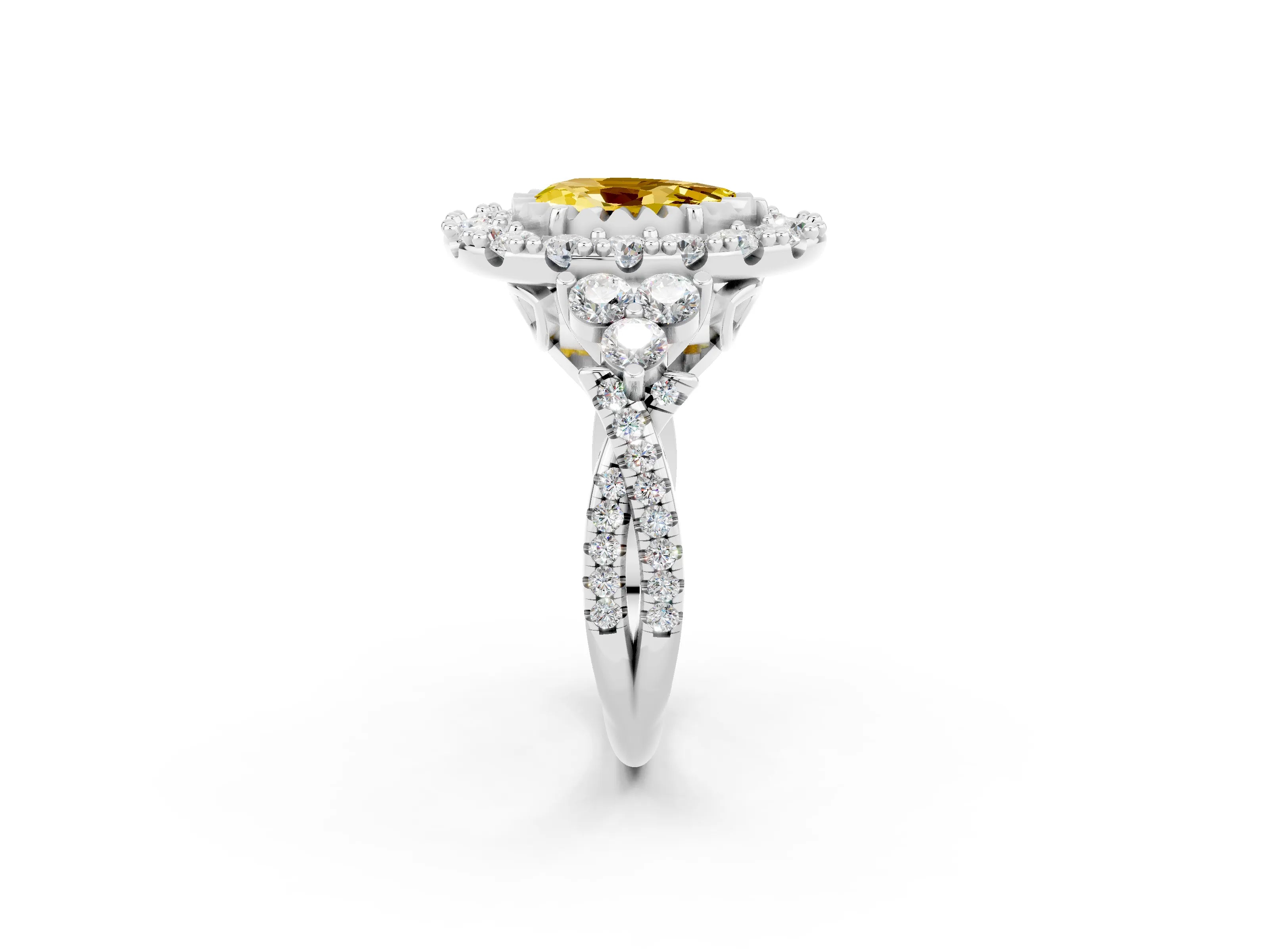 White gold Pear Cut Yellow Sapphire Halo Ring with Pavé Band and Four-Prong Setting_14