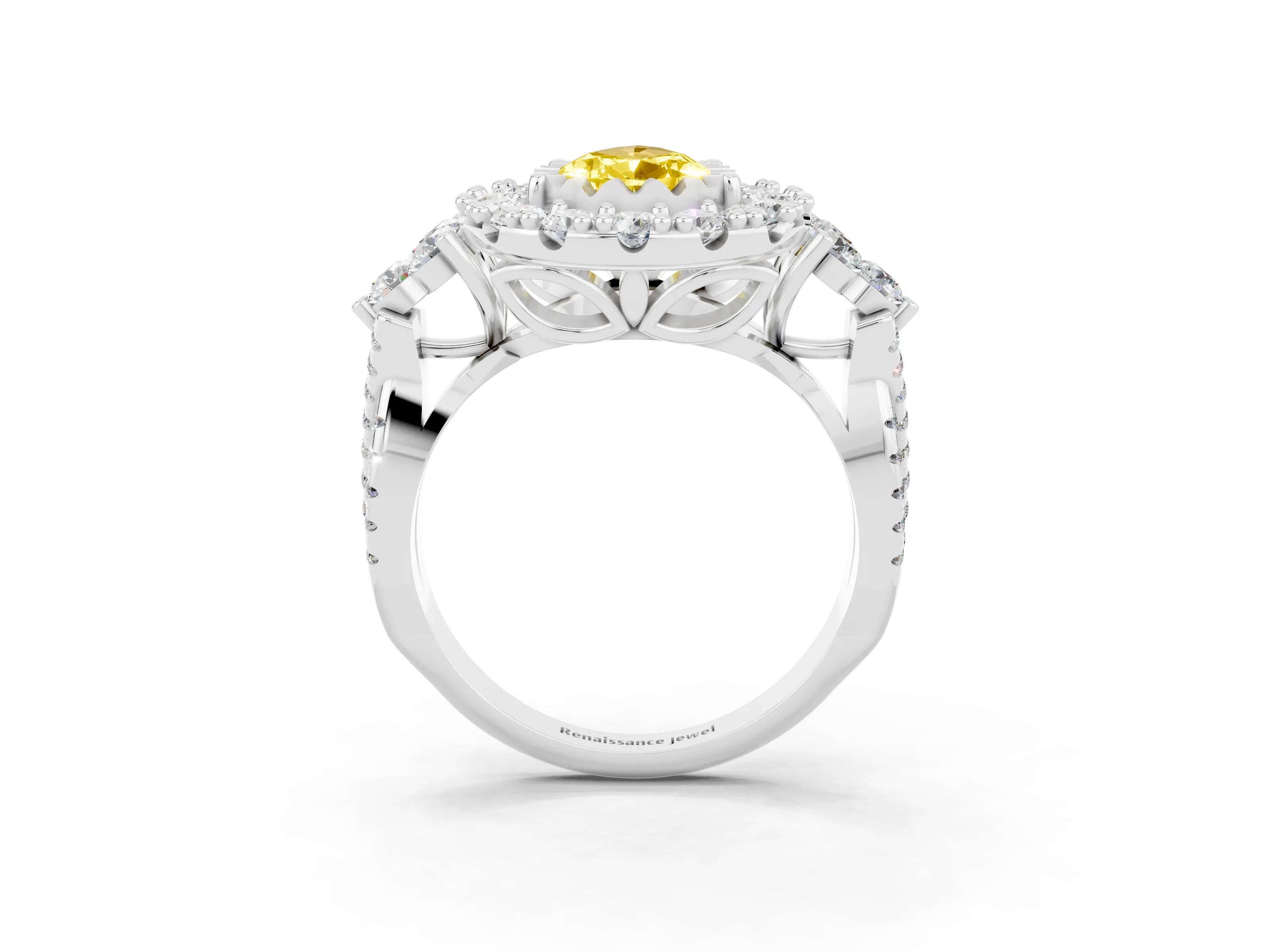 White gold Pear Cut Yellow Sapphire Halo Ring with Pavé Band and Four-Prong Setting_15