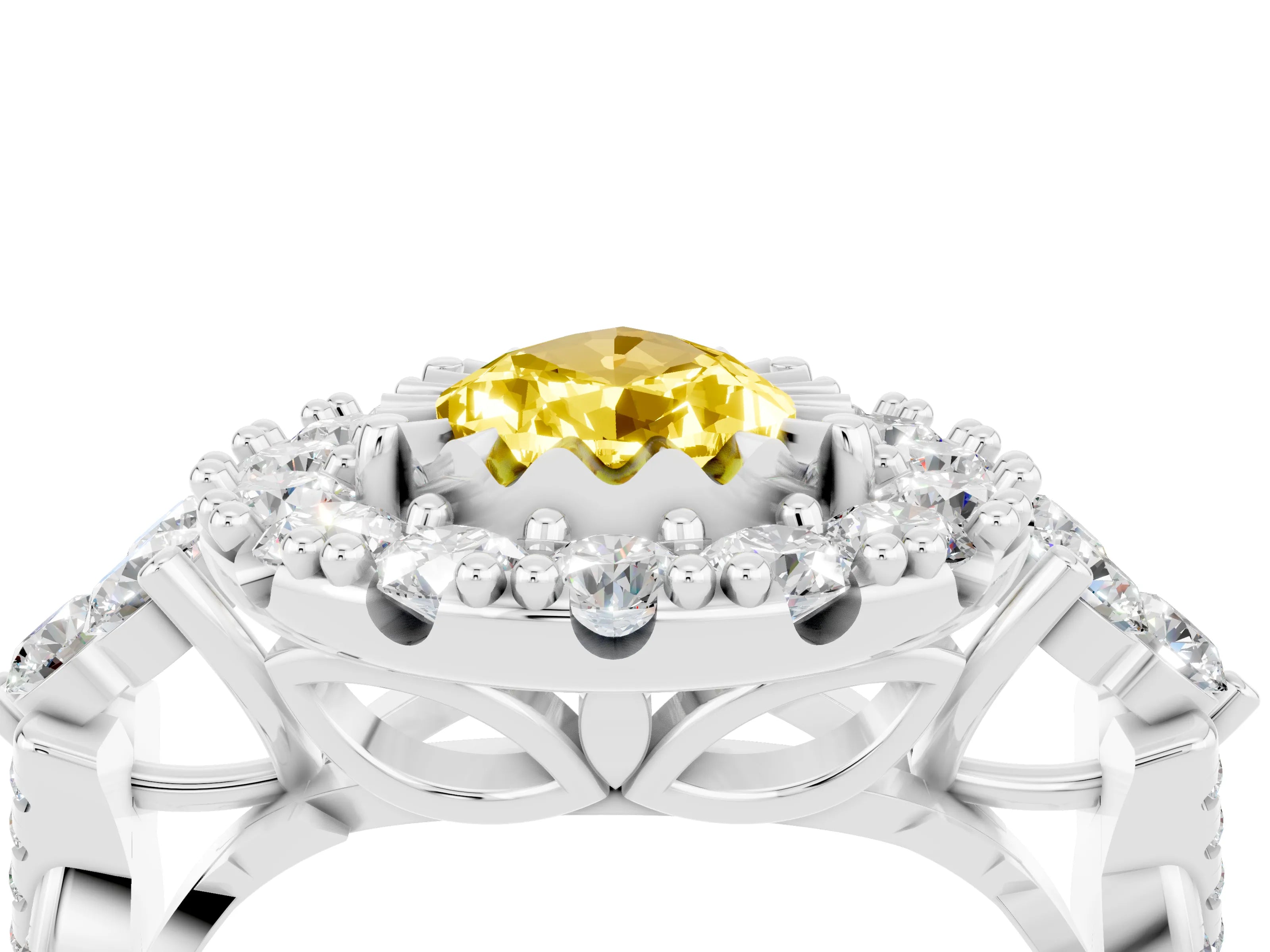 White gold Pear Cut Yellow Sapphire Halo Ring with Pavé Band and Four-Prong Setting_16