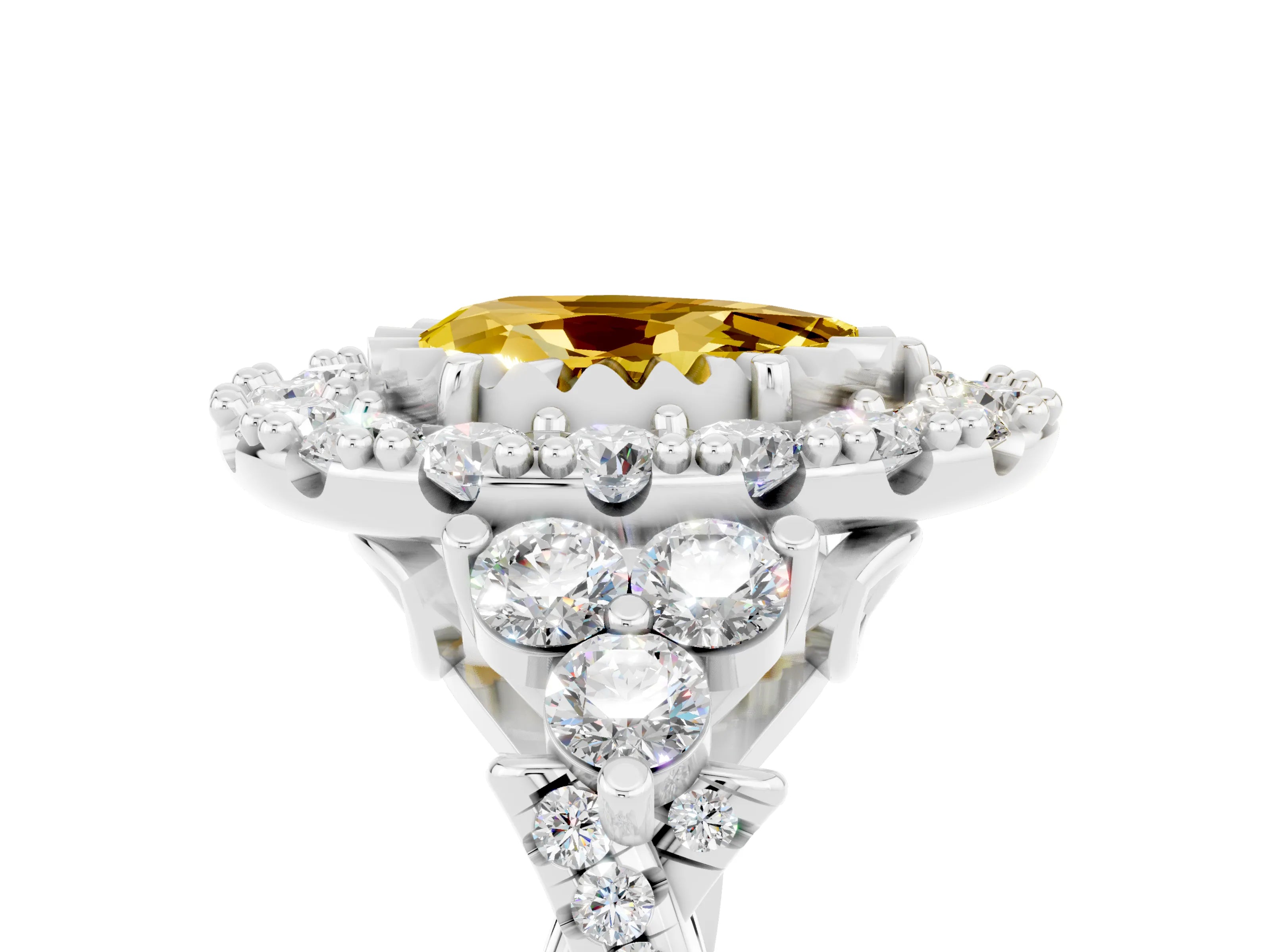 White gold Pear Cut Yellow Sapphire Halo Ring with Pavé Band and Four-Prong Setting_17