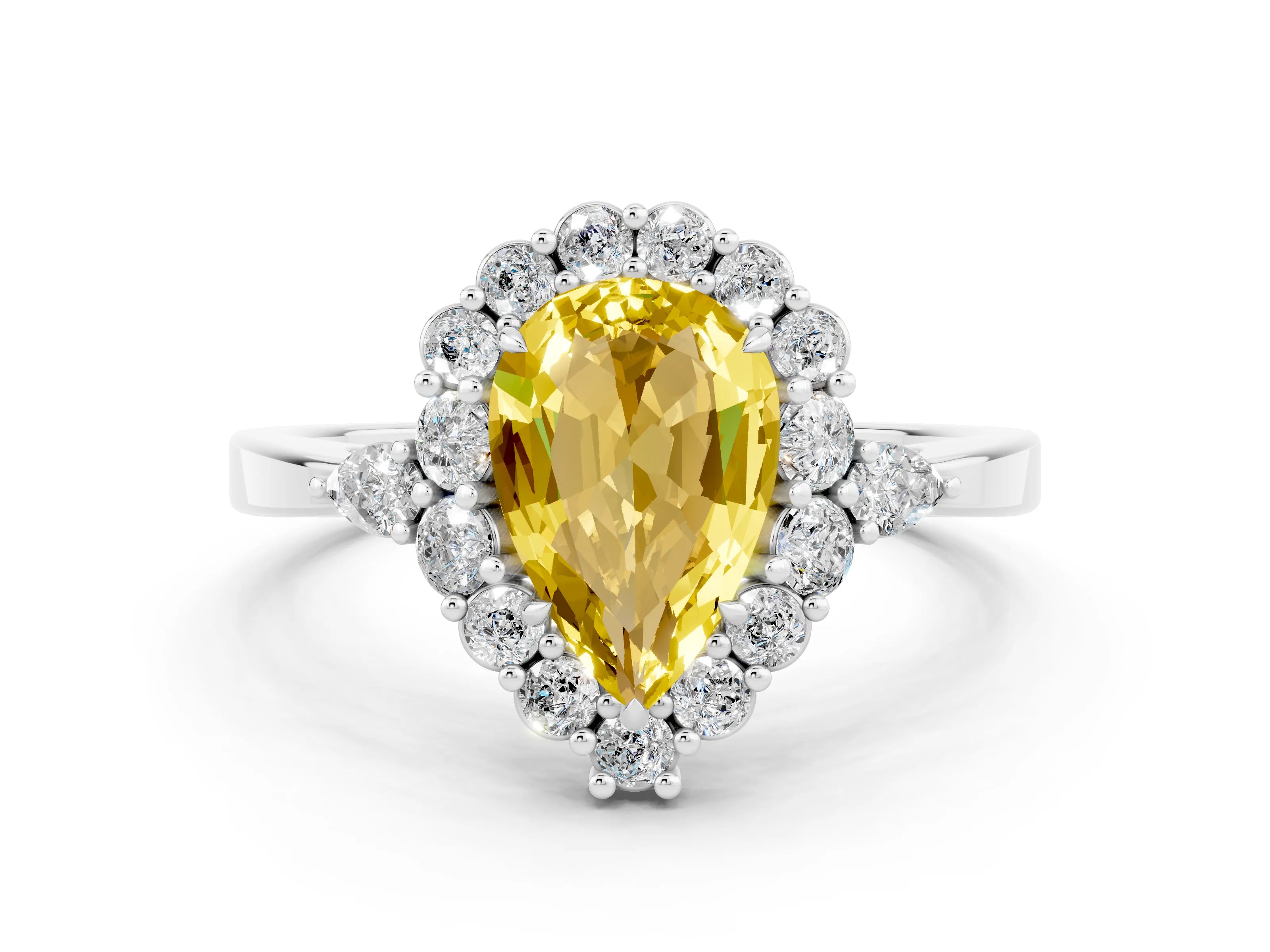 White gold Pear Cut Yellow Sapphire Halo Ring with Pear Side Stones and Prong Setting_24