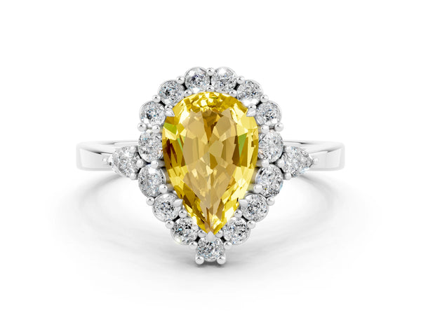 White gold Pear Cut Yellow Sapphire Halo Ring with Pear Side Stones and Prong Setting