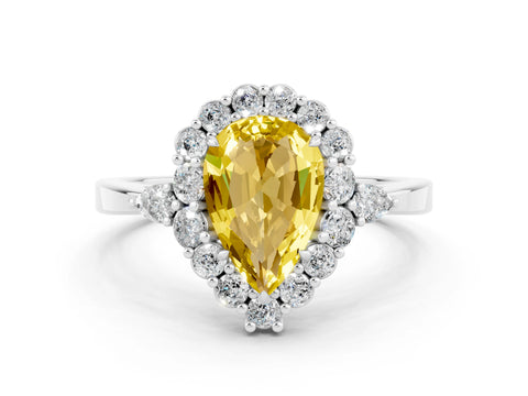 White gold Pear Cut Yellow Sapphire Halo Ring with Pear Side Stones and Prong Setting_24