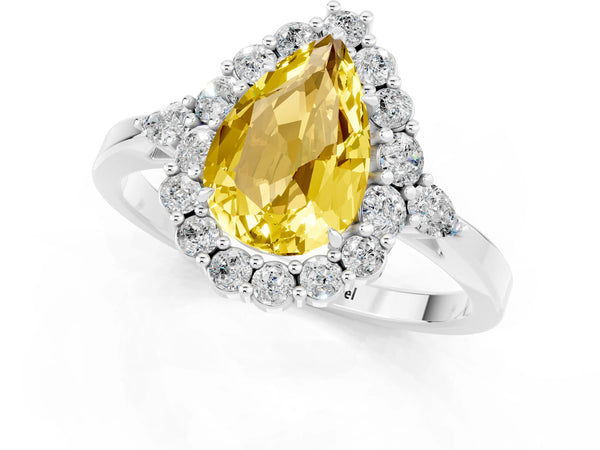 White gold Pear Cut Yellow Sapphire Halo Ring with Pear Side Stones and Prong Setting