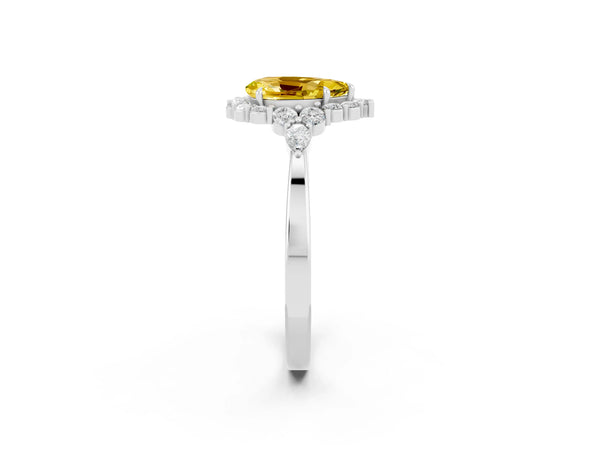 White gold Pear Cut Yellow Sapphire Halo Ring with Pear Side Stones and Prong Setting