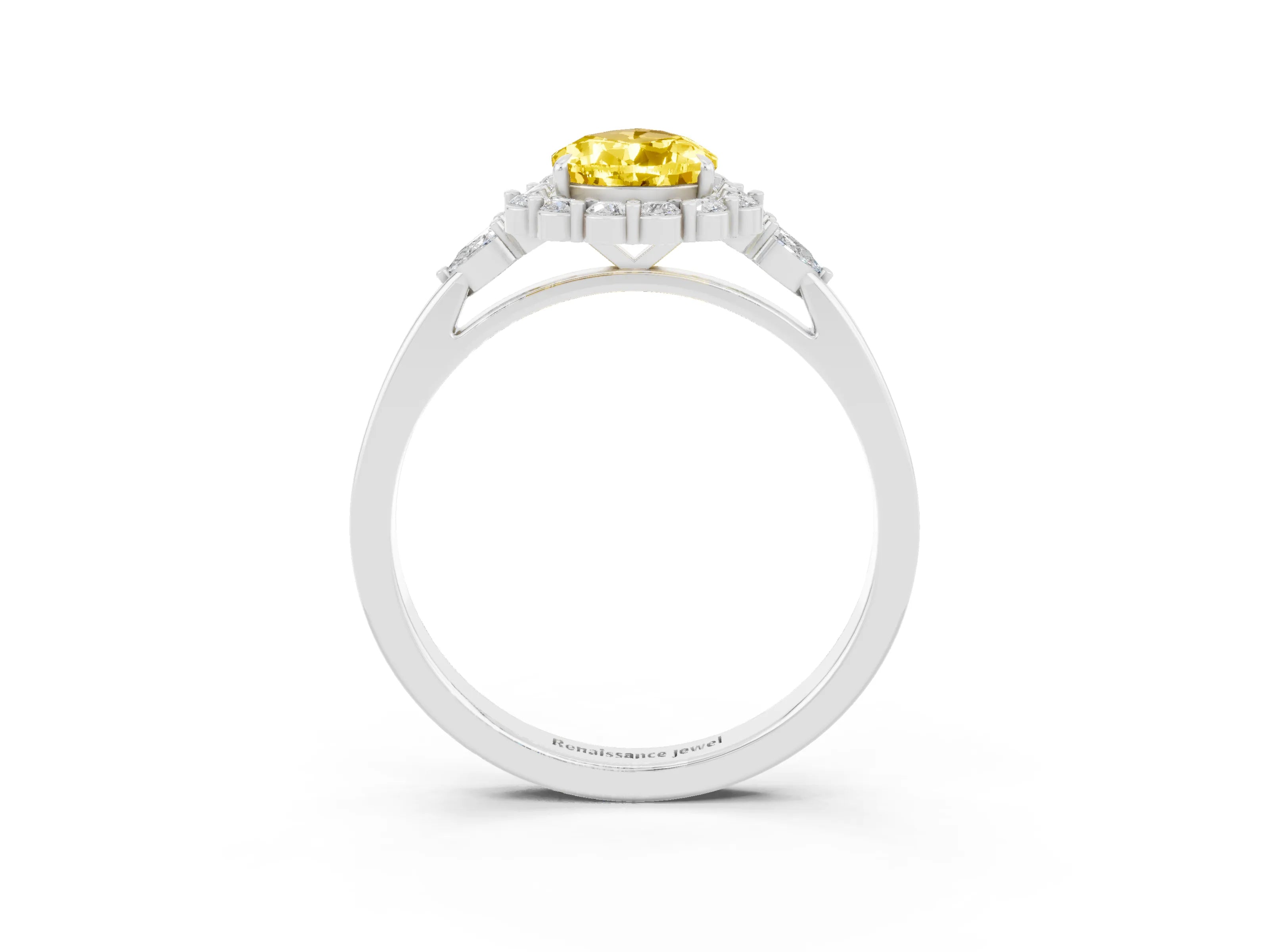 White gold Pear Cut Yellow Sapphire Halo Ring with Pear Side Stones and Prong Setting_27