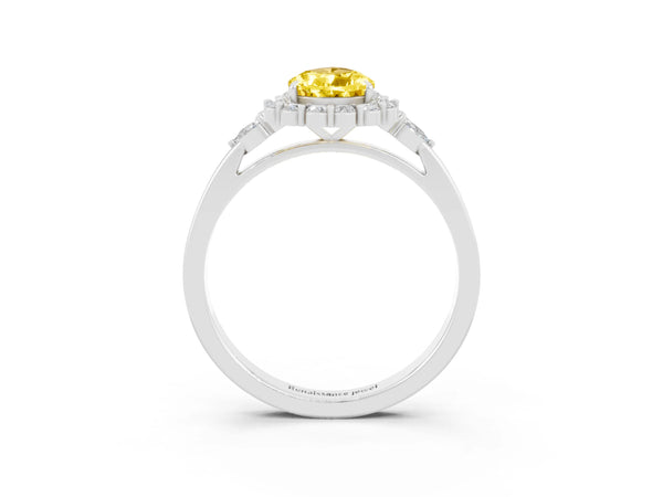 Silver Pear Cut Yellow Sapphire Halo Ring with Pear Side Stones and Prong Setting