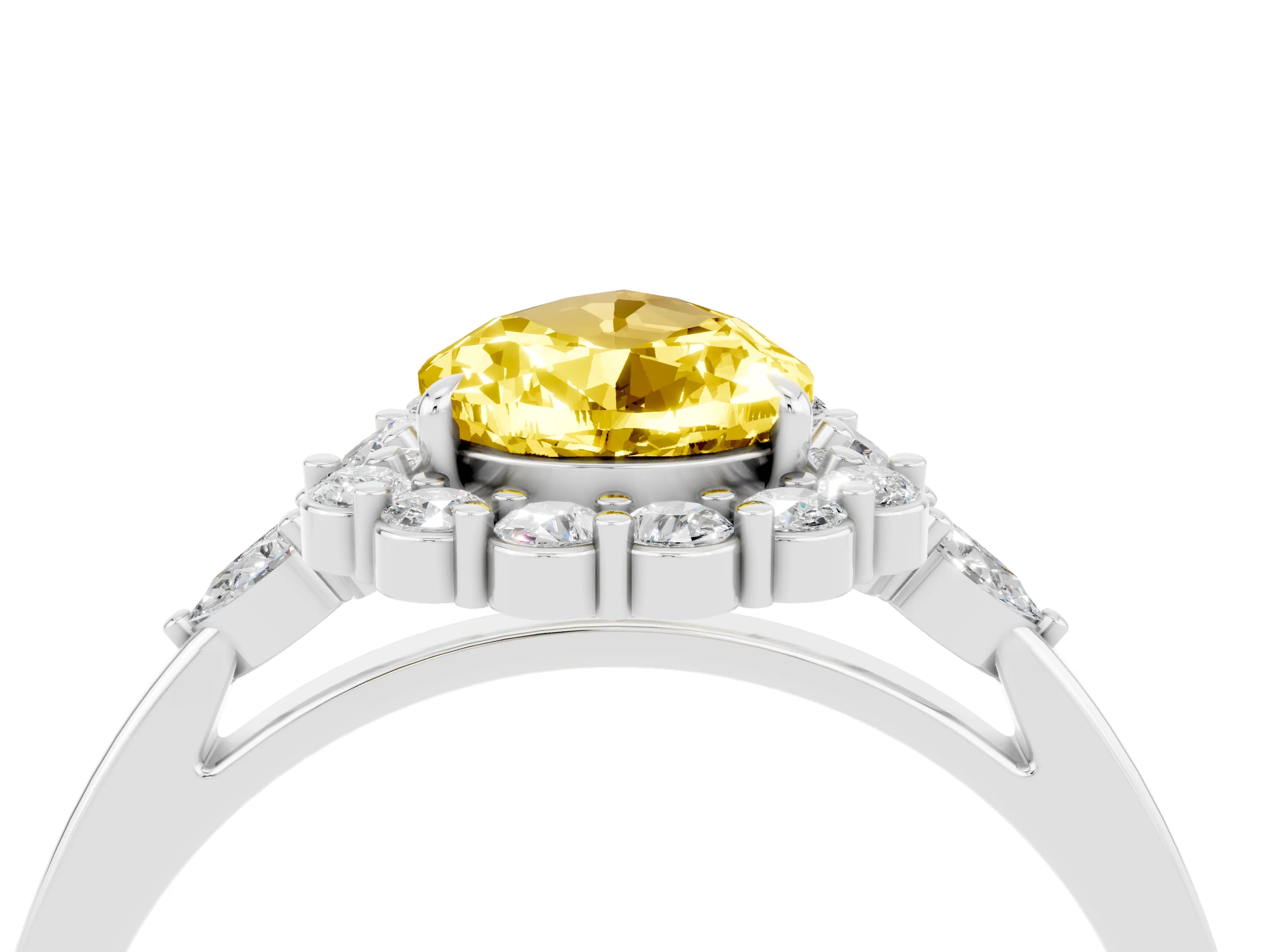 White gold Pear Cut Yellow Sapphire Halo Ring with Pear Side Stones and Prong Setting_28