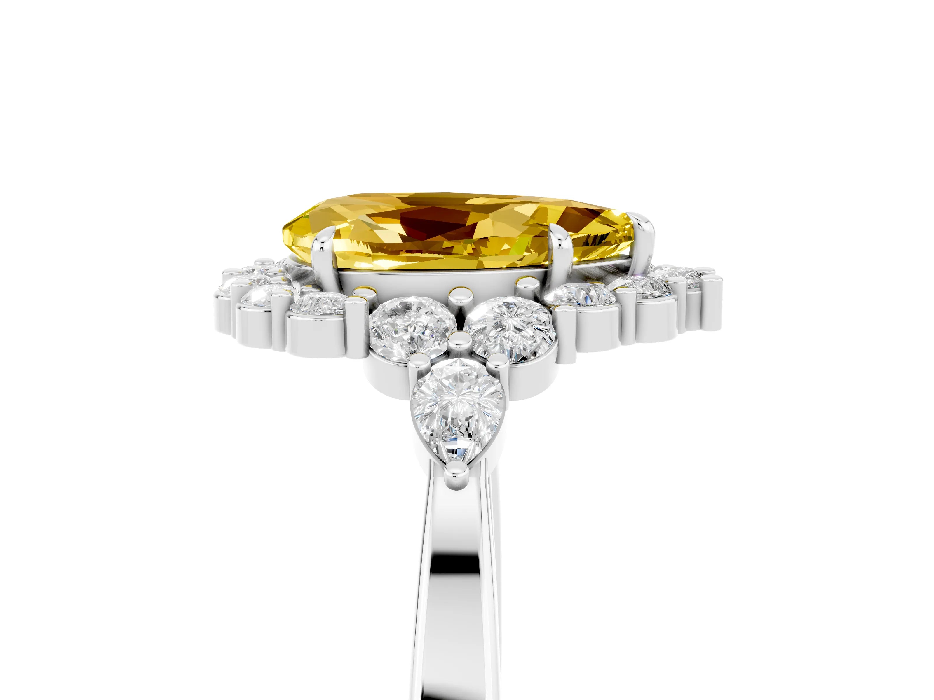 White gold Pear Cut Yellow Sapphire Halo Ring with Pear Side Stones and Prong Setting_29