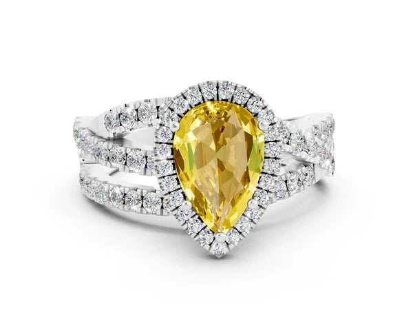 Platinum Pear Cut Yellow Sapphire Halo Ring with Round Split Shank and Prong Setting