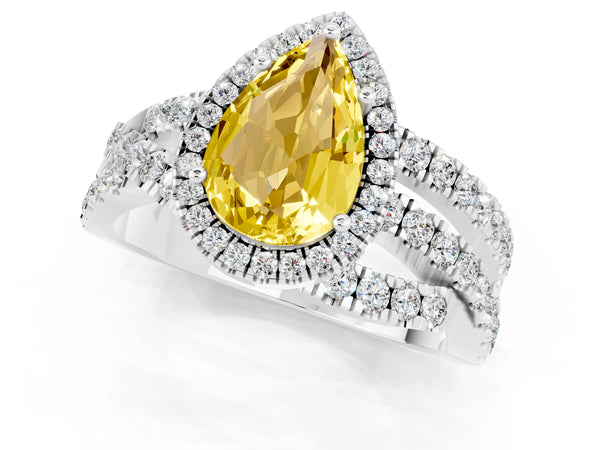Platinum Pear Cut Yellow Sapphire Halo Ring with Round Split Shank and Prong Setting