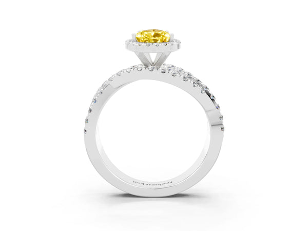 Platinum Pear Cut Yellow Sapphire Halo Ring with Round Split Shank and Prong Setting