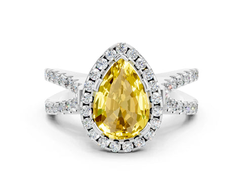 White gold Pear Cut Yellow Sapphire Halo Ring with Split Shank Pavé Band and Prong Setting_12