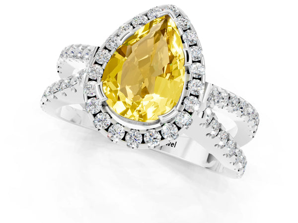 Silver Pear Cut Yellow Sapphire Halo Ring with Split Shank Pavé Band and Prong Setting