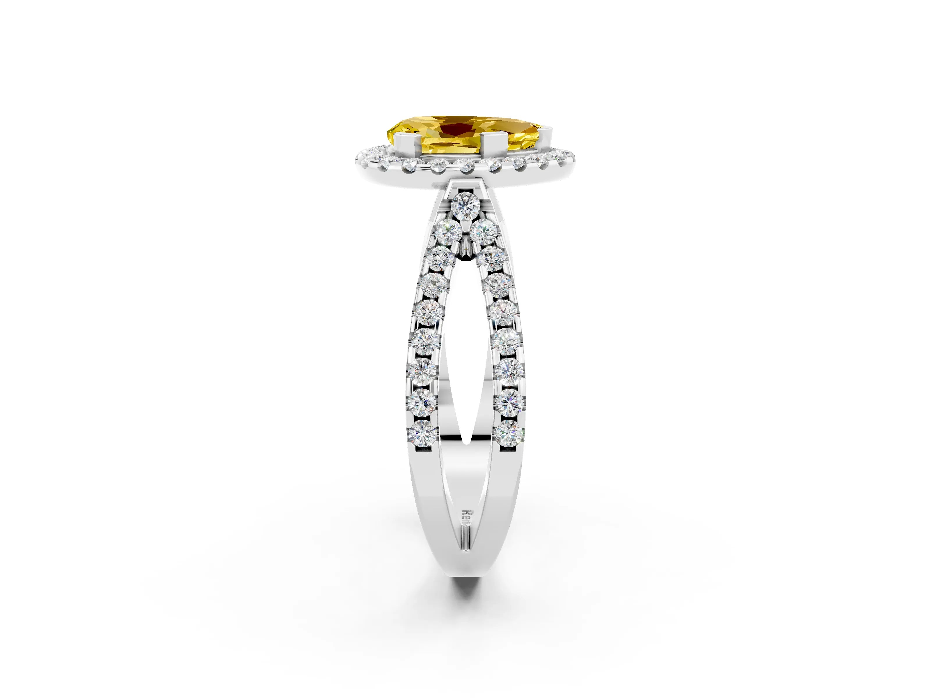 White gold Pear Cut Yellow Sapphire Halo Ring with Split Shank Pavé Band and Prong Setting_14