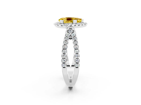 White gold Pear Cut Yellow Sapphire Halo Ring with Split Shank Pavé Band and Prong Setting