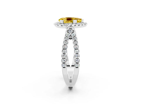 White gold Pear Cut Yellow Sapphire Halo Ring with Split Shank Pavé Band and Prong Setting_14