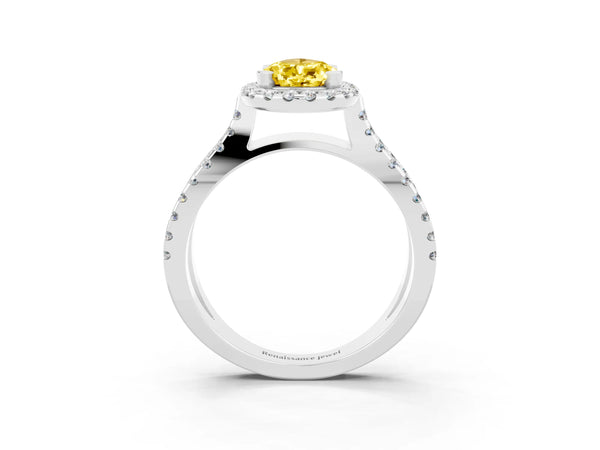 Platinum Pear Cut Yellow Sapphire Halo Ring with Split Shank Pavé Band and Prong Setting