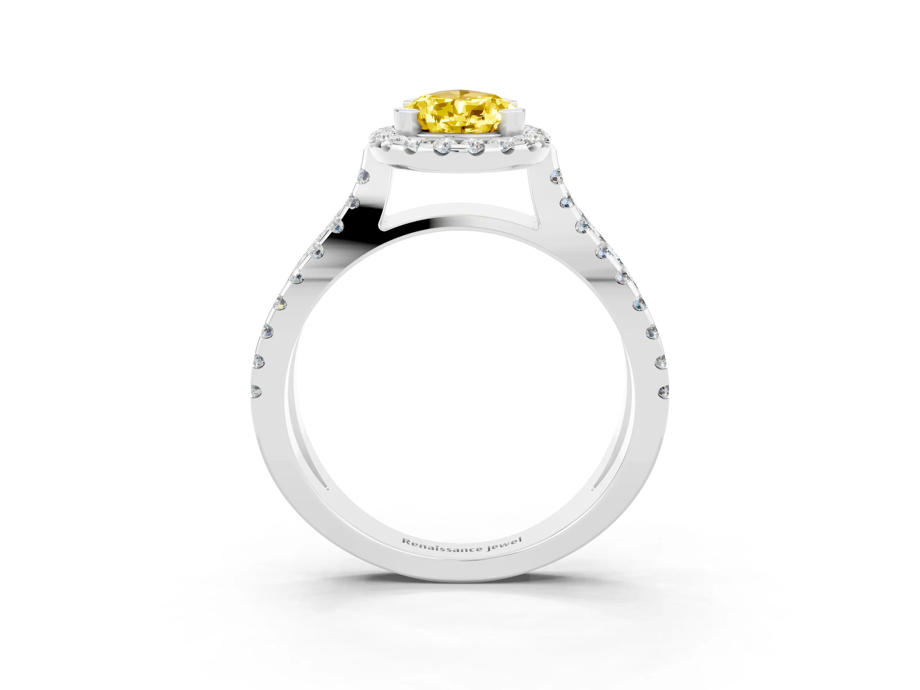 White gold Pear Cut Yellow Sapphire Halo Ring with Split Shank Pavé Band and Prong Setting_15