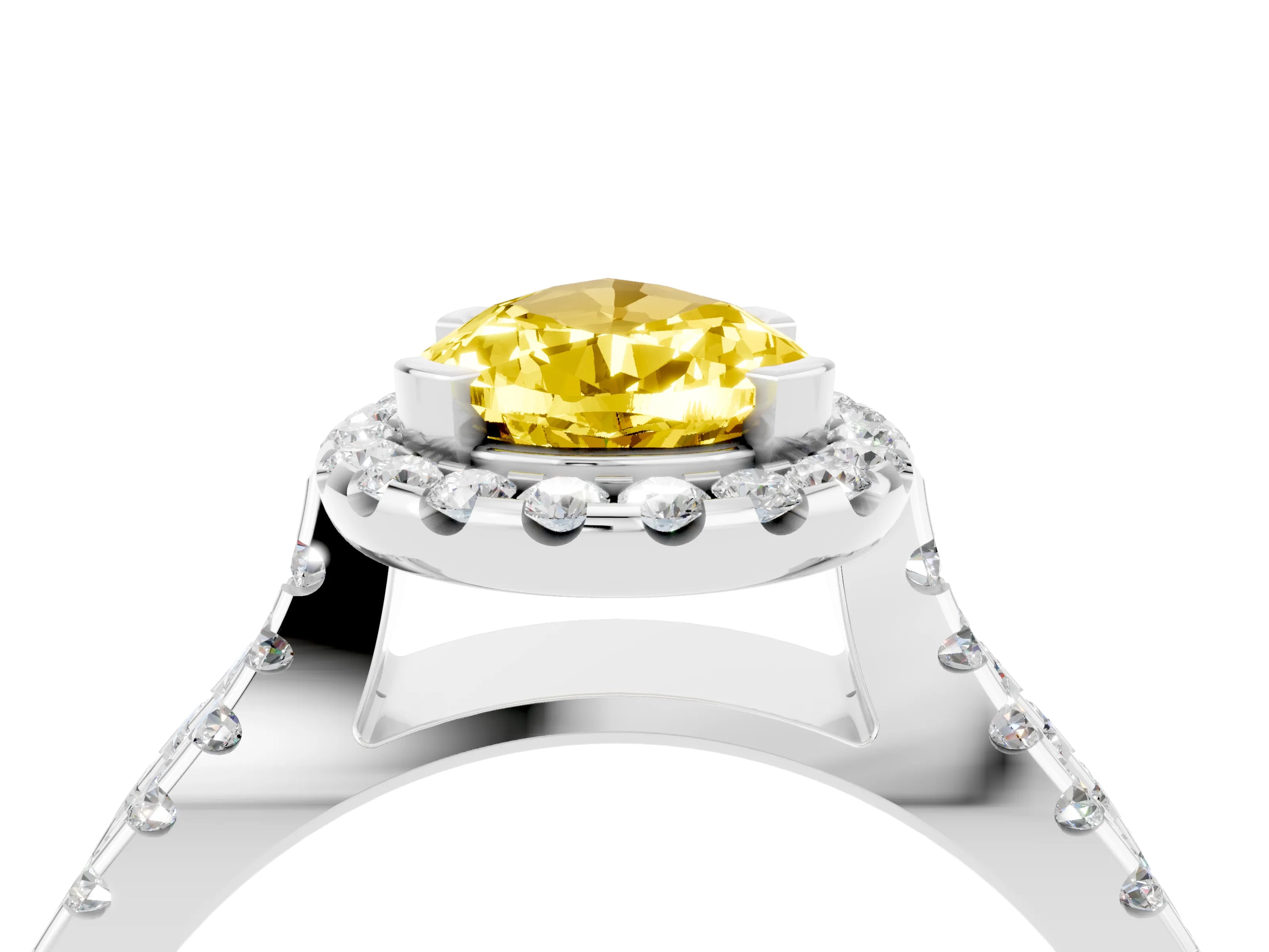 White gold Pear Cut Yellow Sapphire Halo Ring with Split Shank Pavé Band and Prong Setting_16