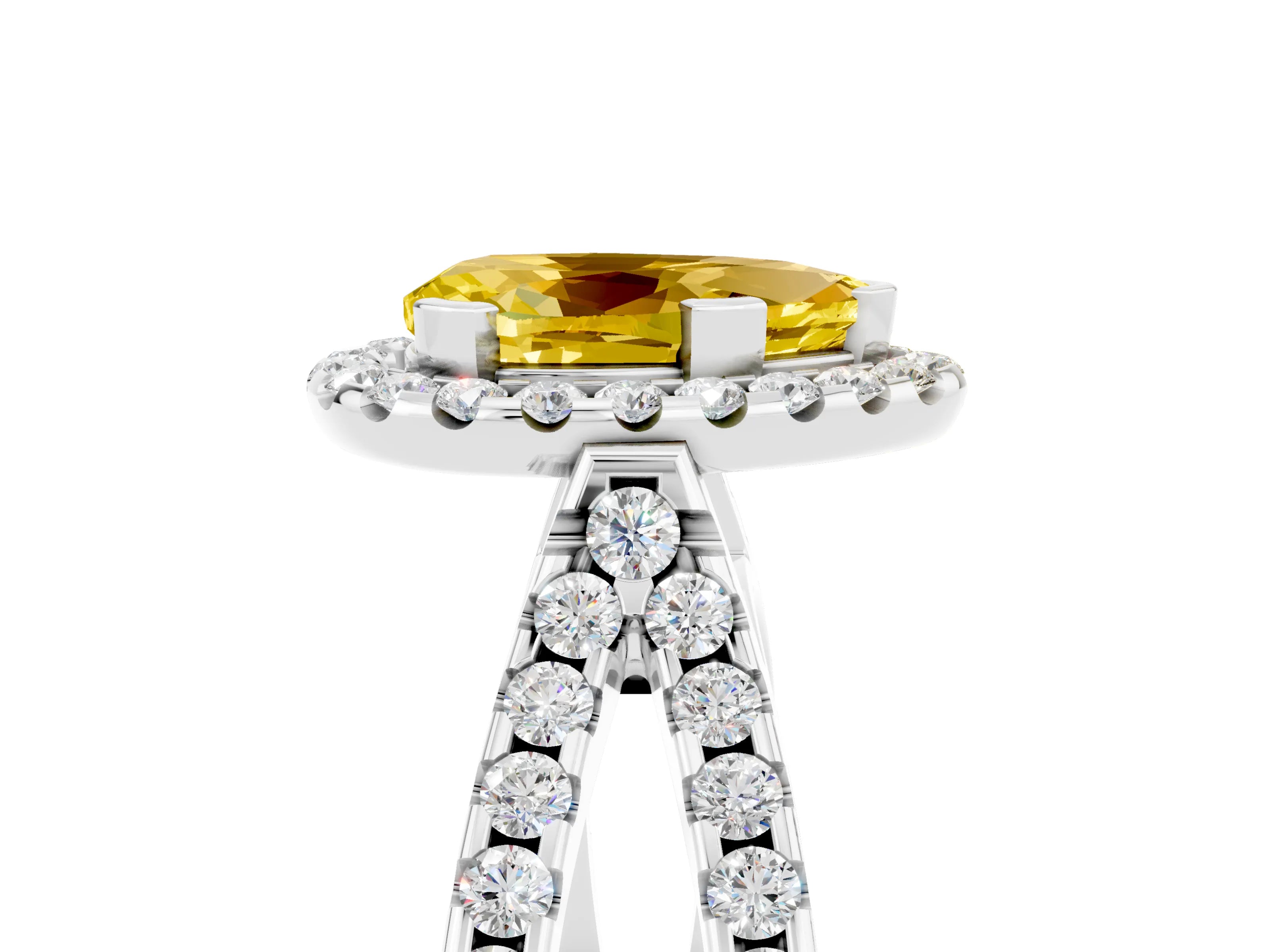White gold Pear Cut Yellow Sapphire Halo Ring with Split Shank Pavé Band and Prong Setting_17