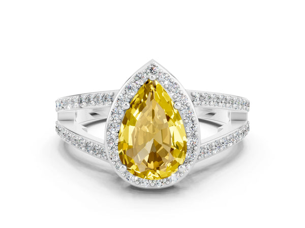 Platinum Pear Cut Yellow Sapphire Halo Ring with Split Shank U-Prong Band and Four-Prong Setting