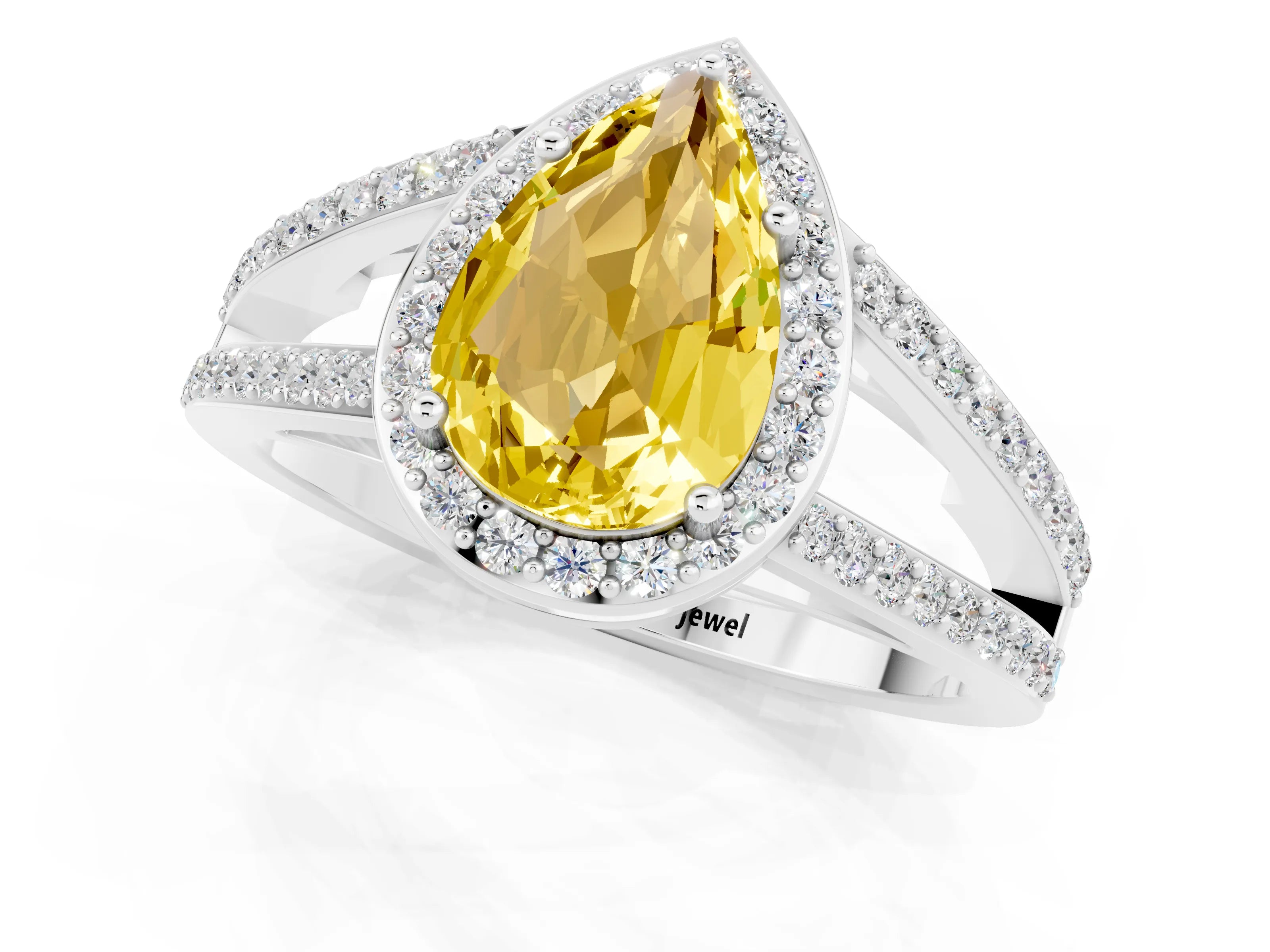 White gold Pear Cut Yellow Sapphire Halo Ring with Split Shank U-Prong Band and Four-Prong Setting_1